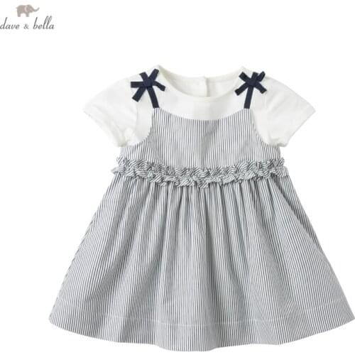 DB18111 dave bella summer baby girls cute bow striped patchwork dress children fashion party dress kids infant lolita clothes