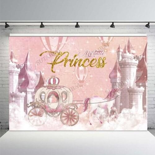 My Little Princess Photography Backdrop Pink Castle Pumpkin Car Girl Baby Birthday Party Background Decoration Banner Photocall