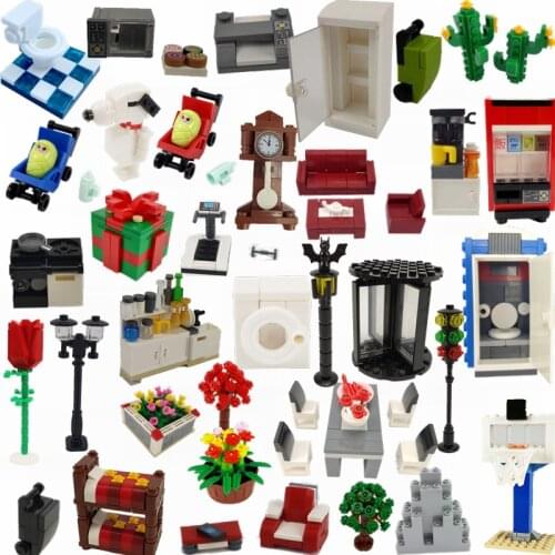 City Set Locking Furniture Blocks Dining Table Bed Sofa Lavatory Street light Flower Basketball stand Block MOC Accessories Toys