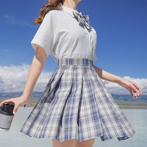 White Shirts+ Pleated Skirts+Bow Tie Girl School Uniform Full Set Japanese Style High Waist A-Line Plaid Skirt Sets JK Uniforms