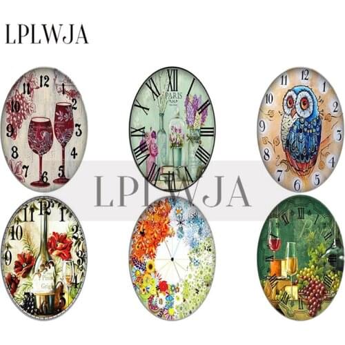 LPLWJA 18x25mm,30x40mm Vintage Flower Owl Bear Clock Picture Oval Shape Glass Cabochon Flatback Beads DIY Jewelry Accessories