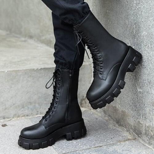 New 2021 Women Martin Boots Fashion Spring Autumn Female Lace Up Square Heels Platform Shoes Ladies British Style Mid Calf Bots