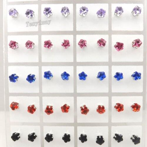 Wholesale 36 Pairs/lot 9 Color Cute Flower Design Zircon Earring Studs Fashion Girls Jewelry