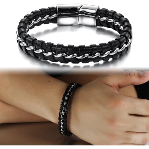 Cyue Wholesale European Black Braided Leather Bracelet Link Stainless Steel Charm Magnetic Buckle For Boy Men Jewelry