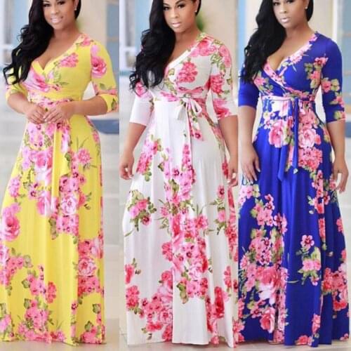 Dress Women Summer style hot style Europe ladies v-neck posed floral printing maxi long Dresses Casual Vestidos CKX1115