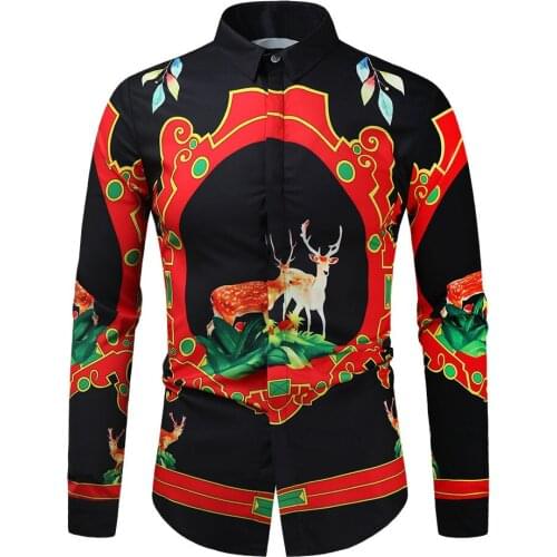 Christmas Deer Print Long Sleeve Shirt Men 2021 Brand Slim Fit Button Up Shirt Men Party Xmas Harajuku Casual Shirts Chemise 4XL