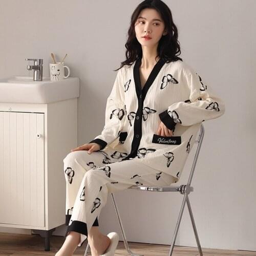 Spring / Autumn100% Cotton Long-sleeved Trousers Women Pajamas Suit Simple Style Long pajamas Plus Size Womens Home Service