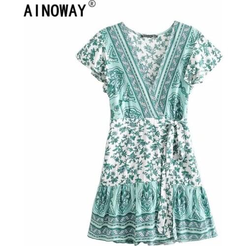 Vintage chic women lace-up sashes v-neck floral print beach Bohemian mini dress Ladies Summer rayon cotton Boho dress vestidos