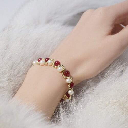 French Style Vintage Natural Pearl Bracelet Handmade 14K Gold Plated Cuff Bracelet & Bangles For Women Jewelry Anniversary Gift