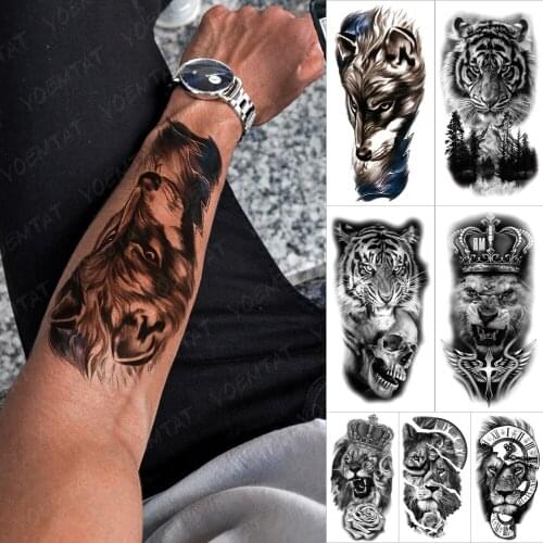Waterproof Temporary Tattoo Sticker Wolf Forest Lightning Flash Tattoos Tiger Wolf Forest Animal Body Art Arm Fake Tatoo Women M