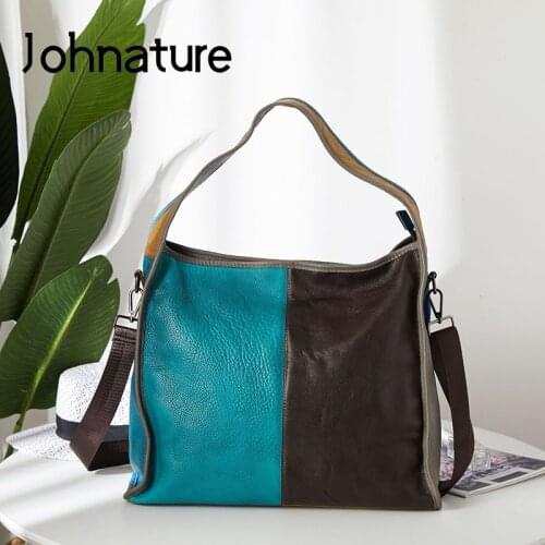 Johnature 2021 New Vintage Women Bag Genuine Leather Casual Tote Soft Cowhide Shoulder Bags Large Capacity Random Color Handbag