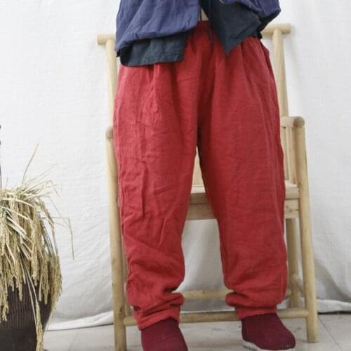 QPFJQD Ladies Retro Linen Straight Pants Thick Solid Color 2021 Autumn Winter Women Chinese Style Long Pants Elastic Waist