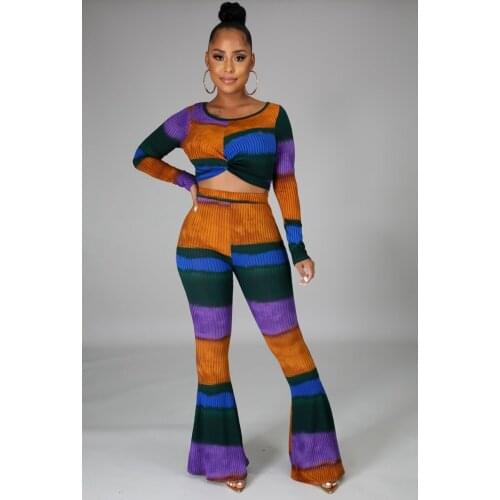 Women 2pcs Set Fashion Contrast Color Long-sleeve Wide-leg Pants Suit Sexy Knot Crop Top+High Waist Flare Long Pants Bottom Sets