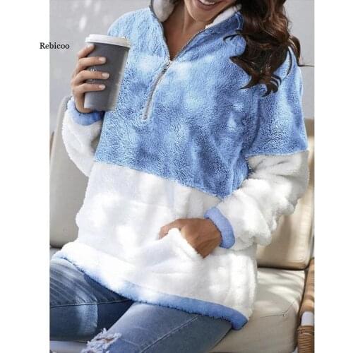 Winter New Womens Jacket Fur Coat Lapel Zipper Patchwork Casual Sweatshirt Women Pullovers Loose Ladies Tops With Pocket