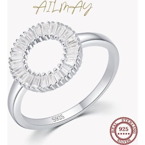 Ailmay Real 925 Sterling Silver Clear Zircon Circle Round Finger Ring For Women Wedding Statement Fine Silver Jewelry