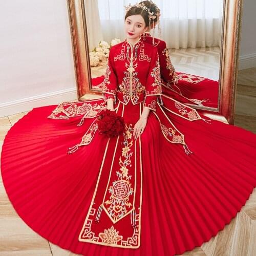 Chinese Style Womens Red Embroidery Qipao Vintage Mandarin Collar Cheongsam Wedding Dress