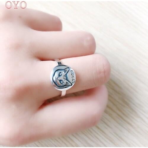 100% s925 sterling silver cat head English letter ring retro old simple temperament ins Thai silver female index finger ring