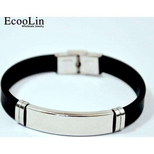 2018 Fashion Wristband black Punk Rubber Silicone Stainless Steel Cool Men Bracelets Bangles pulseras hombre caucho LR4091