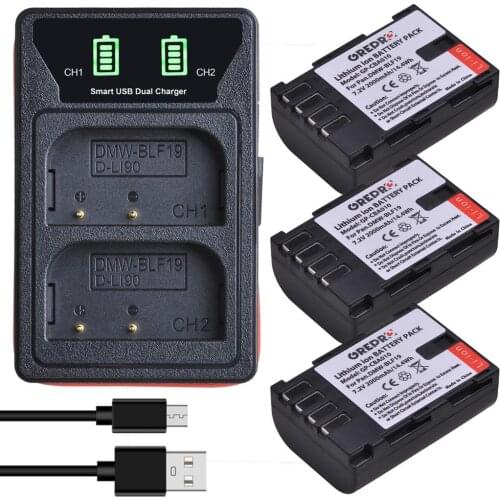 3 Pcs 2000mAh DMW-BLF19 DMW-BLF19E DMW BLF19 BLF19E Battery + LED Dual Charger with type-C for Panasonic Lumix GH3 GH4 GH5 G9