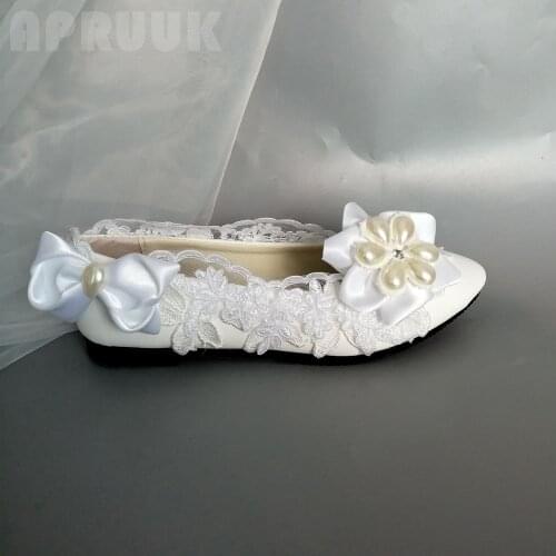 White bow lace flats shoes woman handmade fairy ivory pearls bridal bridesmaid party proms dress bridal flats shoes plus size