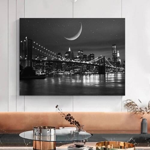 Black and White Modern New York City Manhattan Bridge Landscape Poster Canvas Painting Mural Living Room Mural Decoration