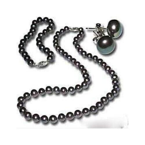 Black pearl silver Bracelet earrings Necklace set gift