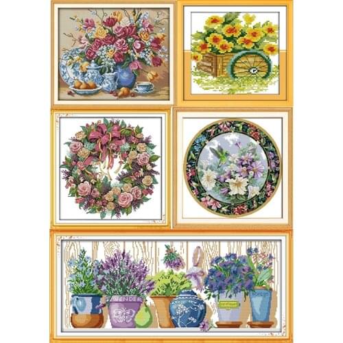 Garlands&potted Plants Series Handmade Cross Stitch Kits 11CT14CT Printed Pattern Crafts Fabric Sewing Needlework Embroidery Set