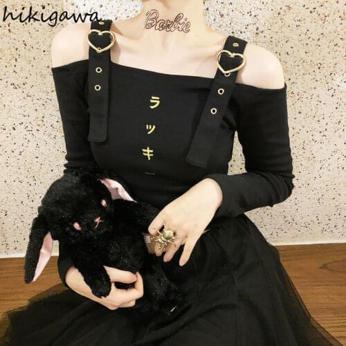 Hikigawa Women T-shirts Halter Ladies Crop Top Embroidery Off Shoulder Pink Tshirt Long Sleeve Japanese Shirts 2021 Slim T Shirt