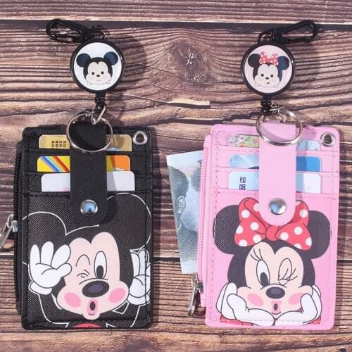 Disney Mickey Hanging Neck Retractable Card Holder Campus Card Meal Card ID Card Shell Leather Case Multi-card Bus Card Hold