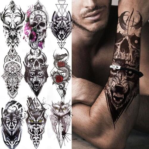Cool Skeleton King Temporary Tattoo For Women Men Kids Black Deer Dragon Lion Tribal Totem Tattoo Sticker Geometric Tatoo