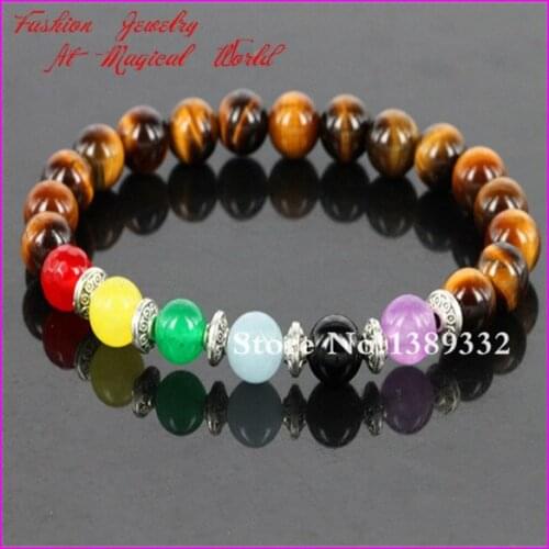 Hot Sale Nature Tiger Eyes Gems Stone Beads Bracelet With Mix Color Beads Bracelet Men and Women Yoga Stretch Bracelet