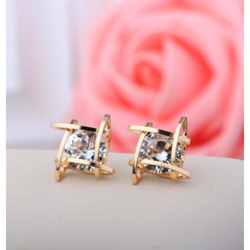 Fashion Exquisite Square Pierced Lady Gold Crystal Zircon Stud Earrings Silver Jewelry For Women Ear Studs Brincos
