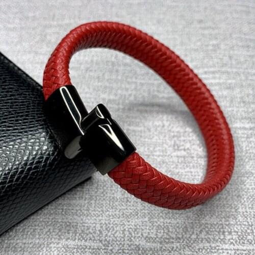 Punk Men Jewelry Red Leather Rope Bracelets Male Wrist Band Stainless Steel Magnetic Clasp Fashion Bracelet Bangle Gifts ST0015