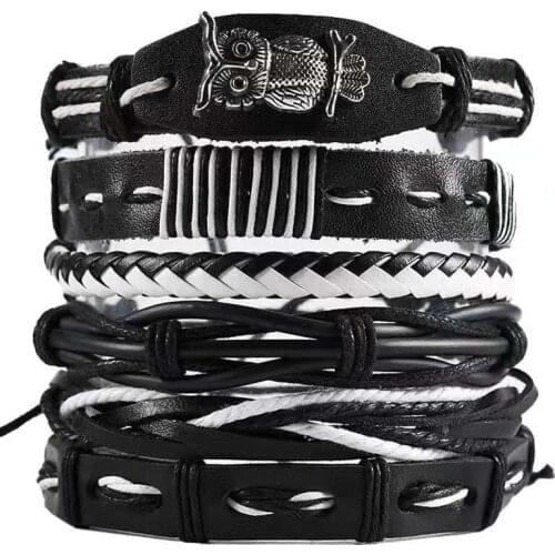 1pcs MenS Retro Style Leather Woven Bracelet Alloy Owl Fish Bone Multilayer Wide Wrap Jewelry Bracelet Ethnic Tribal Wristbands