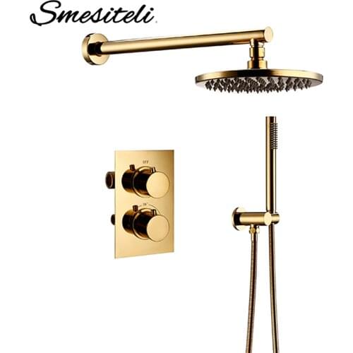 Smesiteli Titanium Gold Solid Brass Shower Set Intelligent Thermostatic Faucet Mixing Valve Bathroom Bathroom Faucet 8-16 inch