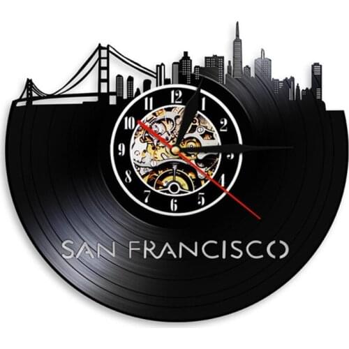 San Francisco Skyline California Bay Area Golden Gate Bridge Vinyl Album Record Wall Clock US Cityscape Modern Design Wall Watch