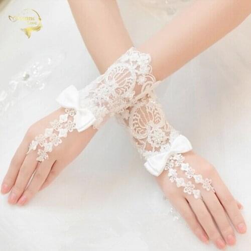 Cheap Price Beaded Lace Short White Fingerless Wedding Gloves Hot Sale For Wedding Accessories G025