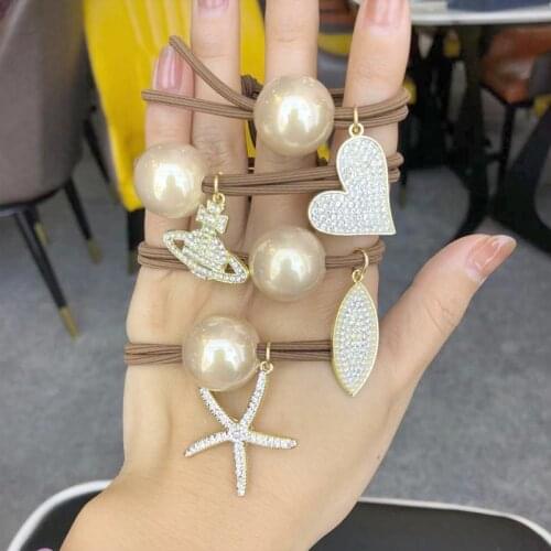 2021 New Wild Head Rope Simple Temperament Ponytail Rubber Band Pearl Rhinestone Hair Rope Peach Heart Starfish Head Rope