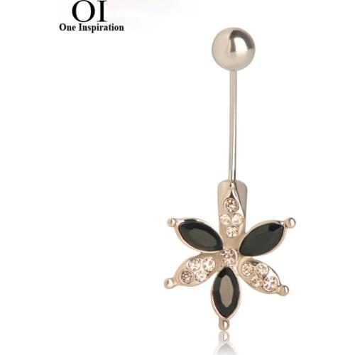 OI 3 Color Flower Rhinestones Belly Button Ring For Girls Holiday Summer Sexy Navel Piercing Jewelry
