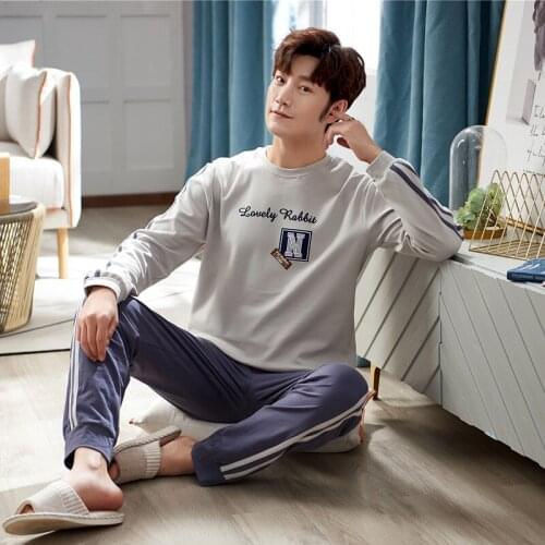 Autumn Winter Cotton Sleepwear Long Sleeve Warm Pajamas Set Gray Letter Home Suit Plus Sizes Loose Mens Sleepwear Casual Pajama