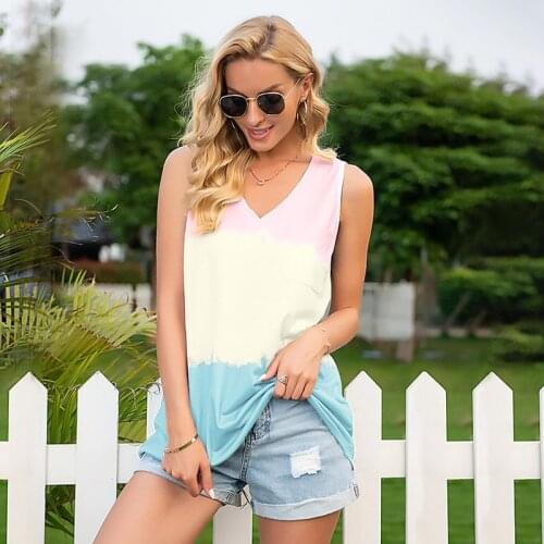 Sexy Contrast Color V Neck T Shirt Women Casual Loose Beach Tops Streetwear Sleeveless Plus Size Ladies Tee Shirts