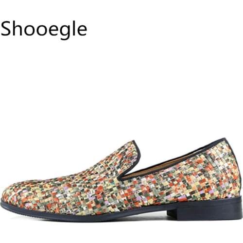 Fashion Mixed Color Anti-skid Square Toe Men Shoes Slip On Patchwork Loafers Dress Shoes Men Knitting Plaid Shoes Casual Loafers