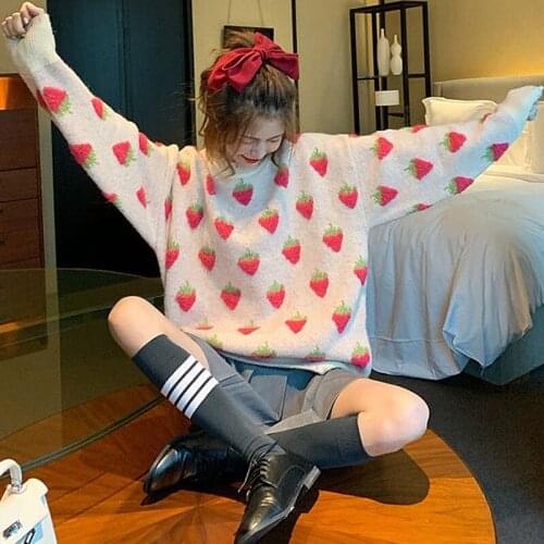 Women Sweater Knitted 2021 Autumn Korean Fashion Strawberry Long Sleeve Pullovers Sweet O-neck Loose Jumper
