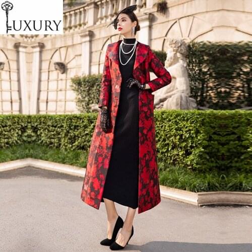 Quality Designer Runway High Long Coats 2020 Spring Casual Windbreaker Women Red Flower Print Single Breasted Overcoats Outwear