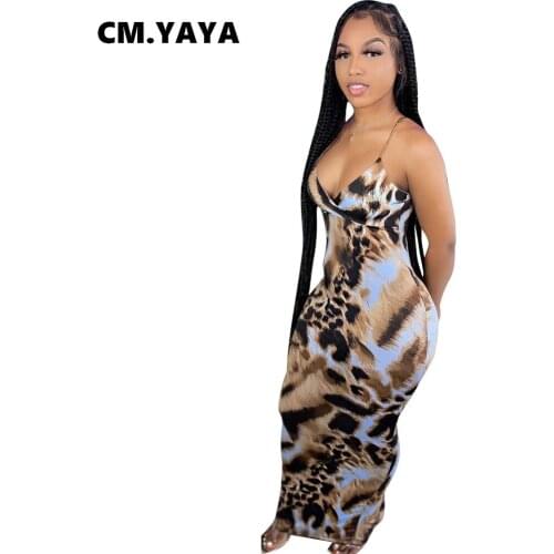 CM.YAYA Women Long Dress Print Sleeveless Strap V-neck Bodycon Pencil Maxi Dresses Sexy Night Clubwear Summer Vestidos Outfits
