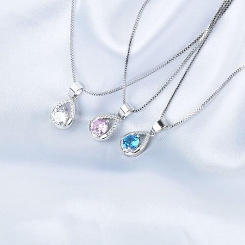 Female Blue White Crystal Water Drop Pedants Necklaces Fashion Wedding Jewelry Silver Color Chain Necklace For Women