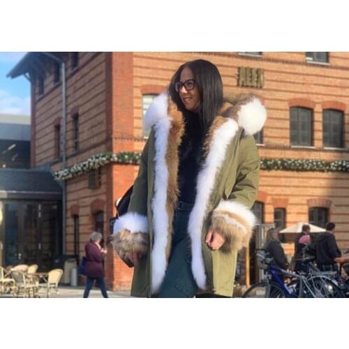 Women Real Fur Coat Natural Fox Fur Raccoon Fur Collar Thick Warm Streetwear Detachable New Waterproof Long Parka 2020 Winter
