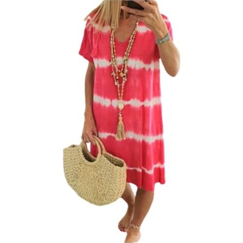 Womens Dress Casual Tie Dye Print Short Sleeve Dresses 2021 Summer Female V-Neck Loose Boho Sun Beach Dress
