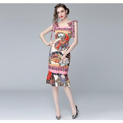 Menahem 2021 Summer Sexy Bow Tie Spaghetti Strap Beach Boho Midi Mermaid Dress Women Flower Printed Backless Ruffles Party Dress