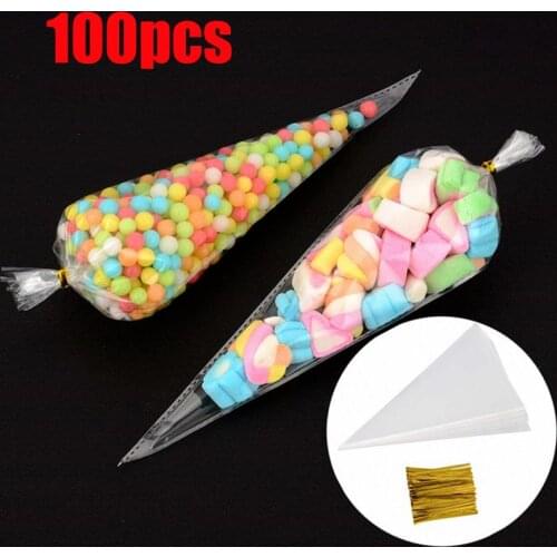 100PCS Transparent Cone Bags Clear Cello Bags Sweets Treat Bags with Gold Twist Ties (13 x 25cm)